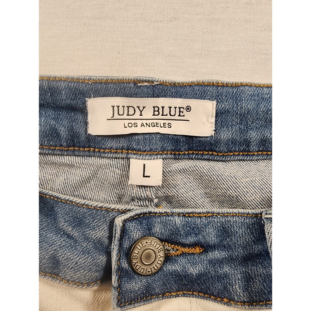 Judy Blue White Denim Shorts Womens L Colorblock Side Stripe 2 Tone Stretch Prep - Picture 6 of 9